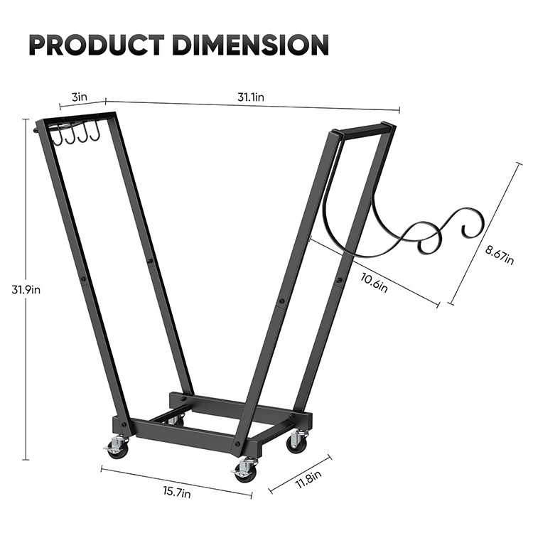 JH-Mech Fire Wood Holder With Hook Lumber Storage Carrier Courtyard Square Tube Matte Black Metal Firewood Log Rack With Wheels