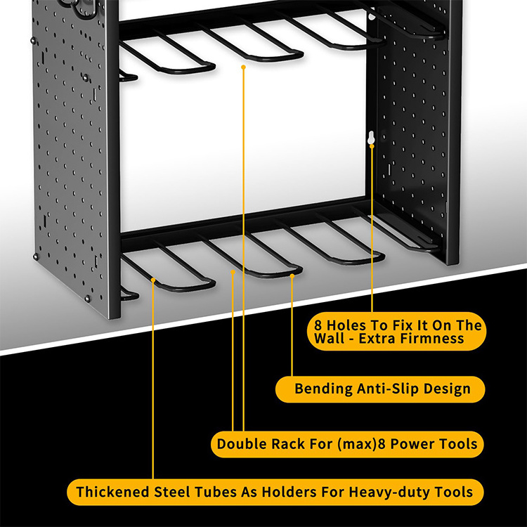 JH-Mech Large 8 Drill Holder Custom Heavy Duty Utility Battery Shelves 5 Layer Yellow Metal Power Tool Organizer