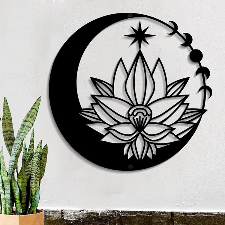 JH-Mech Custom Bedroom Living Room Boho Floral Moon and Star Phase Half Moon Flower Sculpture Black Metal Wall Decor