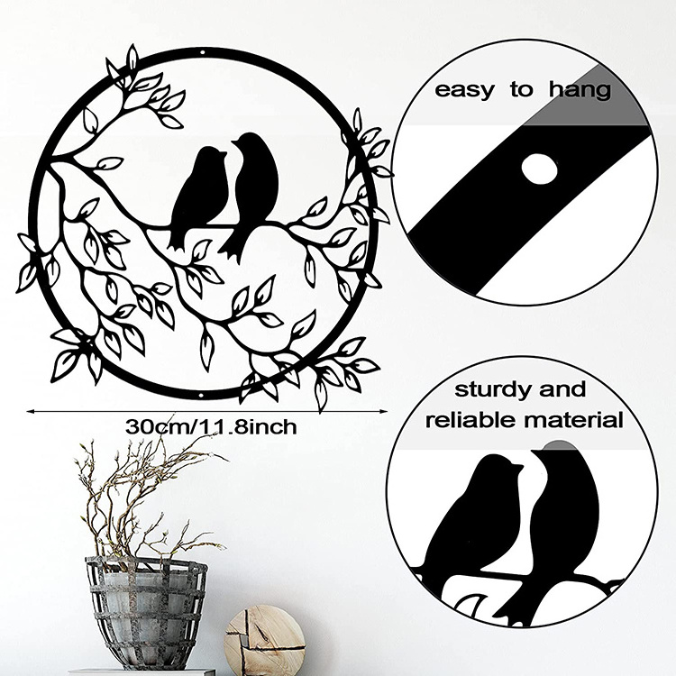 JH-Mech Wall Silhouette Bird on Tree Branch Black Metal Wall Art Decor for Living Room Garden Bedroom Office