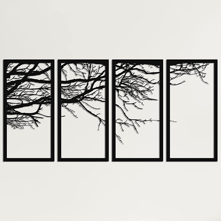 JH-Mech Tree Sign Interior Decoration Unique Design 4 Panels Wall Hangings Matt Black Tree Metal Wall Art Decor