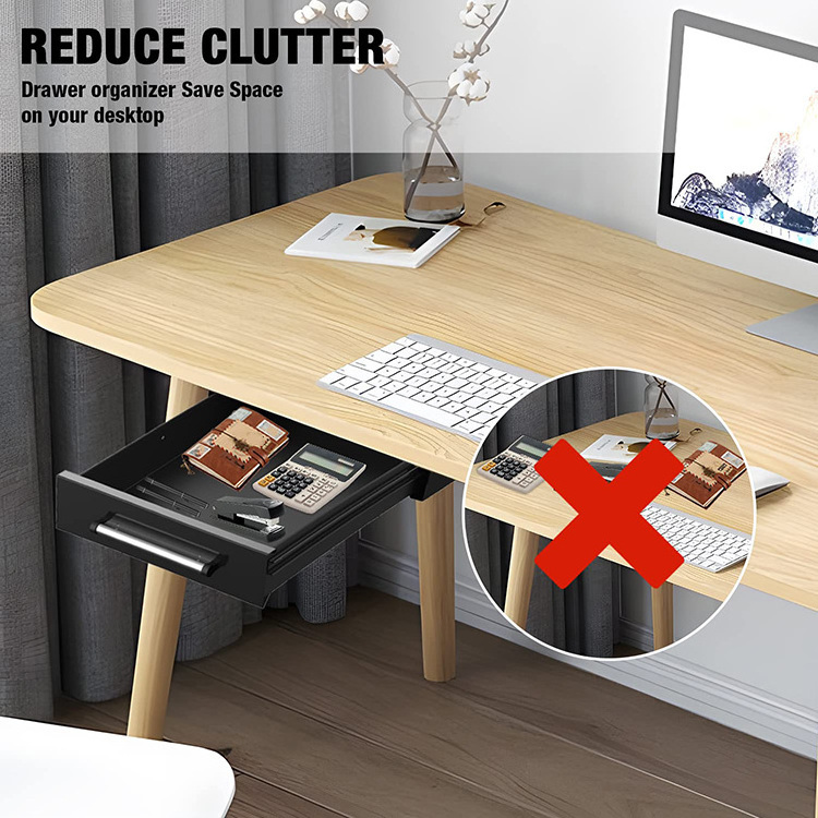 JH-Mech Pull-Out Office Hidden Counter Drawer for Standing Desk Dubable Easy to Install Black Metal Under Desk Drawer