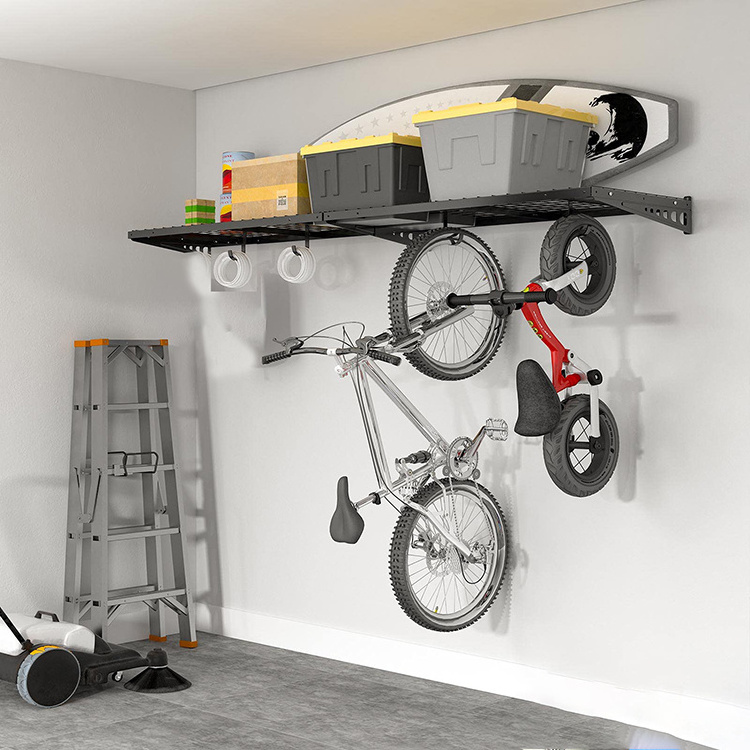 JH-Mech Wall Shelf Garage Storage Rack Custom Powder Coated Steel with Hanging Hooks Black Wire Metal Garage Wall Shelf