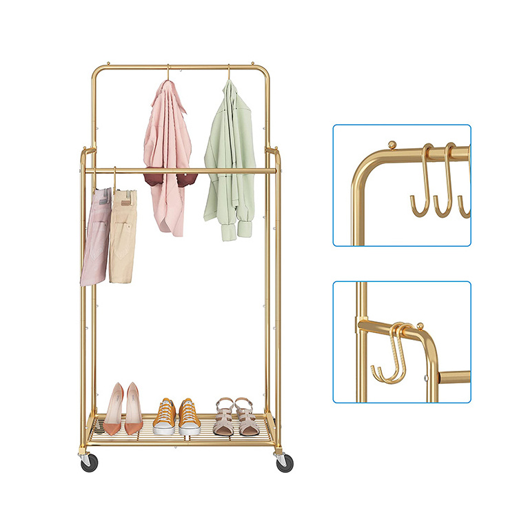 JH-Mech Heavy Duty Considerate Details Design Double Rod Durable and Sturdy Gold Industrial Pipe Clothing Racks on Wheels