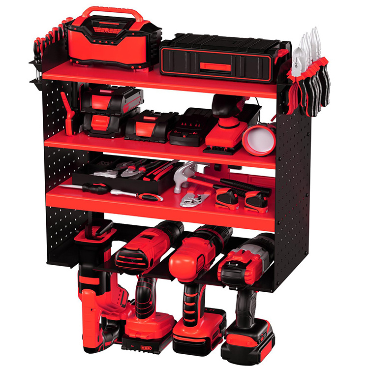 JH-Mech Drill Holder Customized Heavy Duty 4 Layers Pegboard Side Adjustable Height Wall Mount Tool Storage Rack