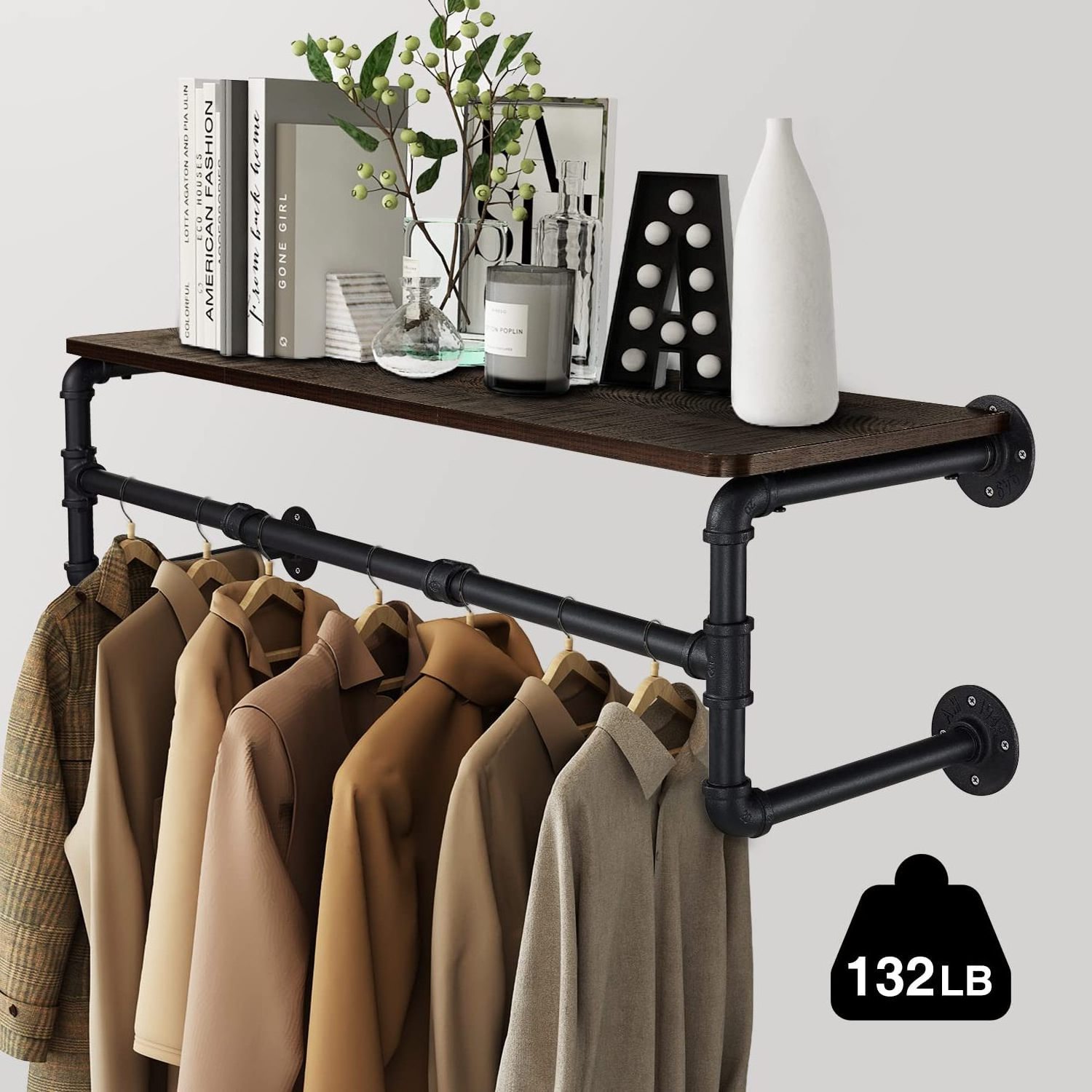 JH-Mech Heavy Duty Iron Garment Bar 41''L Wall Mounted Wooden Shelf Pipe Clothing Rack