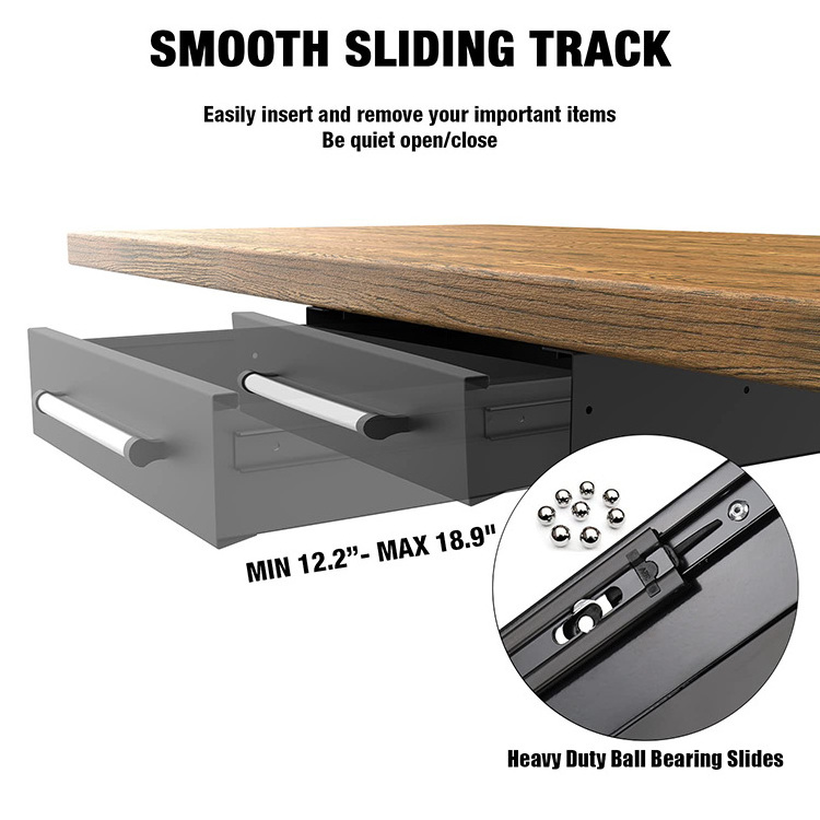 JH-Mech Pull-Out Office Hidden Counter Drawer for Standing Desk Dubable Easy to Install Black Metal Under Desk Drawer