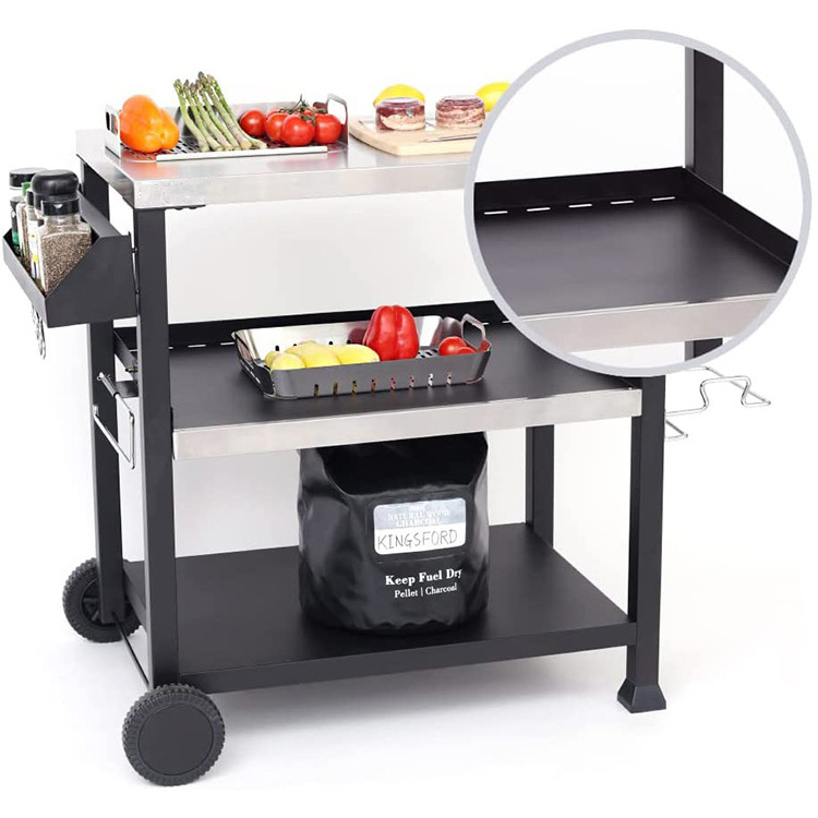 JH-Mech Functional Side Handle Outdoor Pizza Oven Grill Table Prep Cart Stainless Steel Grill Dining Cart