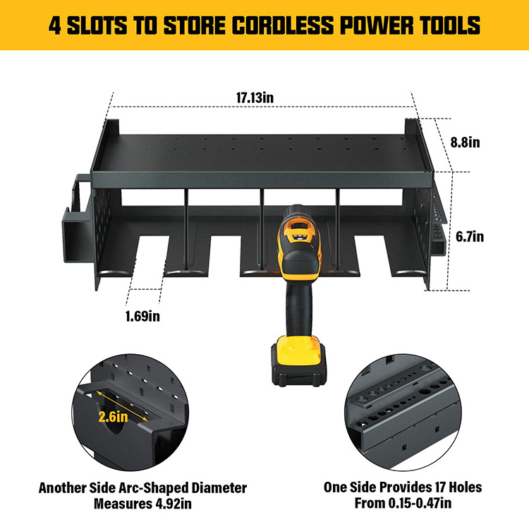 JH-Mech Hot Sale Creative Power Tool Shelf for Garage Large Capacity Wall Mount Carbon Steel Power Tool Organizer