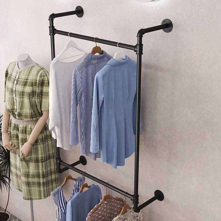 JH-Mech Heavy Duty Hallway Retail Storage Rod Vintage Commercial Clothes Racks Industrial Pipe Clothing Rack Wall Mounted