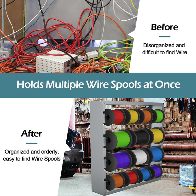 JH-Mech Cable Wire Spool Rack OEM Heavy Duty Retail Use with 4 Adjustable Rods Metal Wall Mounted Wire Spool Rack