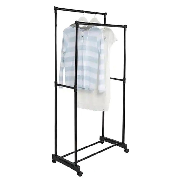 JH-Mech Adjustable Height Durable Double Rods Clothes Hanging Storage Racks For Warehouse Garment Rack With Wheels Heavy Duty