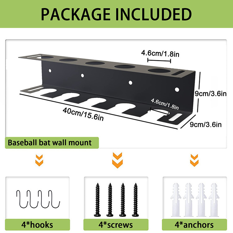 JH-Mech Baseball Bat Rack Custom Indoor Wall Mounted Bending 2-Layer Black Powder Coated Steel Baseball Bat Display Rack