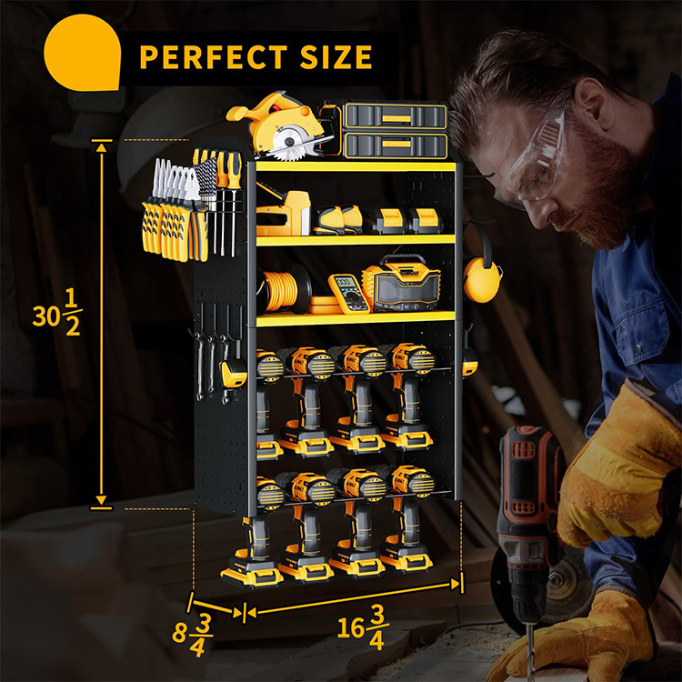 JH-Mech Large 8 Drill Holder Custom Heavy Duty Utility Battery Shelves 5 Layer Yellow Metal Power Tool Organizer