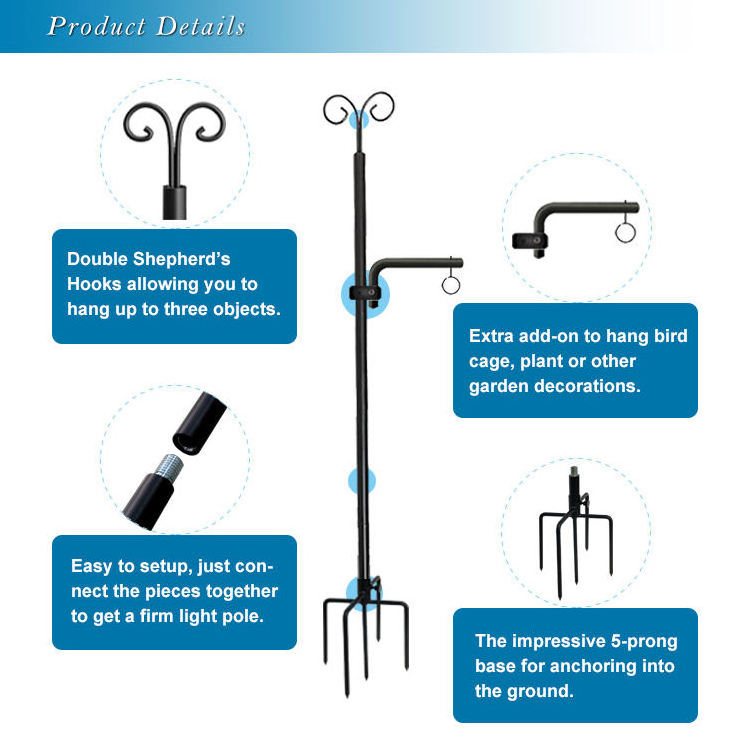 JH-Mech Patio Light Pole  with Shepherds Hooks ODM String Light Use Easy to Use Heavy Duty Carbon Steel String Lights Pole