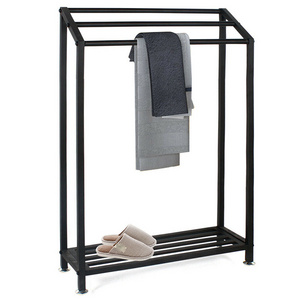 JH-Mech Quick Installation And Easy Operation Storage Shelf 3 Tier Bathroom Black Free Standing Metal Towel Bar Stand