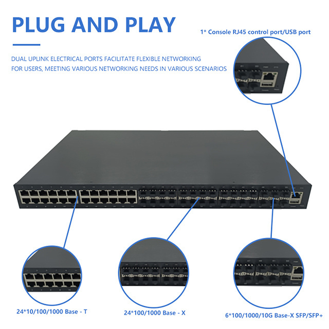 Hot Selling L2/ L3 Managed Network Switch 6 10G SFP and 24 1G SFP and 24 1G RJ45 Industrial Core Switch