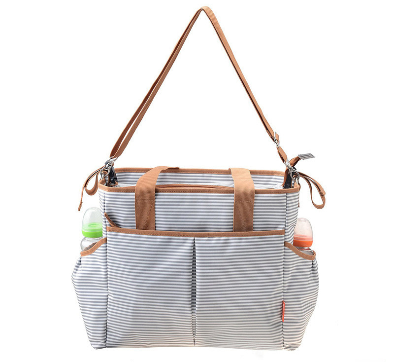 Striped Cotton Baby Diaper Bag Messenger Changing Pad Shoulder Bag Organizer Mommy Handbag Tote Bag Baby Care Product Grey OEM