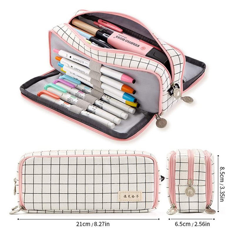 Pink Strip Black GridHigh Large stationery bag Pen Holder 3 Compartments Canvas School College Office Storage Organizer