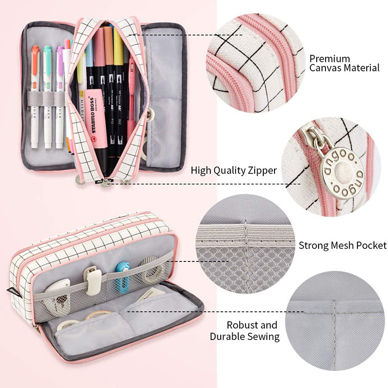 Pink Strip Black GridHigh Large stationery bag Pen Holder 3 Compartments Canvas School College Office Storage Organizer