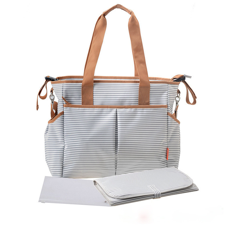 Striped Cotton Baby Diaper Bag Messenger Changing Pad Shoulder Bag Organizer Mommy Handbag Tote Bag Baby Care Product Grey OEM