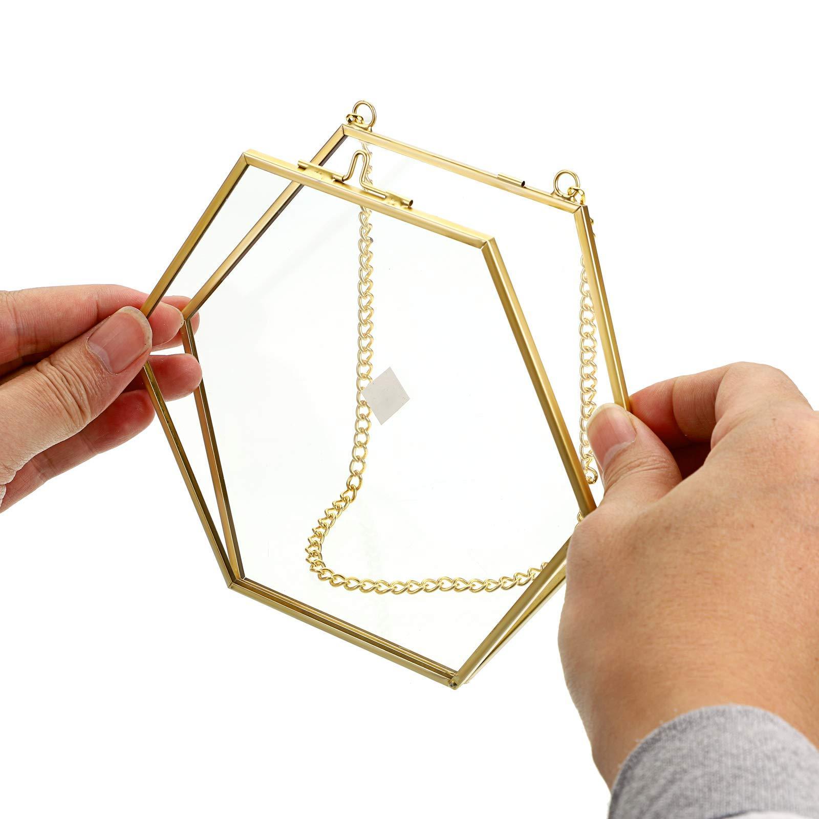 Hexagon Wall Golden Glass Hanging Photo Frame Picture Artwork Display Floating Frame with Chains