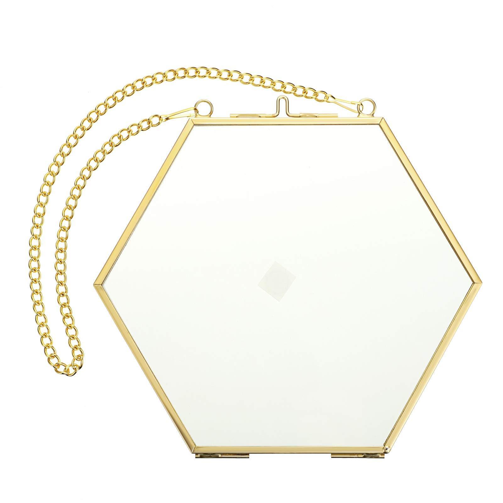 Hexagon Wall Golden Glass Hanging Photo Frame Picture Artwork Display Floating Frame with Chains