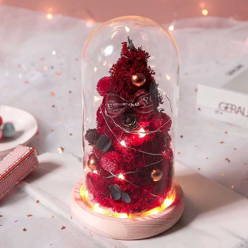 11*19cm preserved flower tree in glass dome with LED string light battery operated Mini Preserved Rose Christmas tree