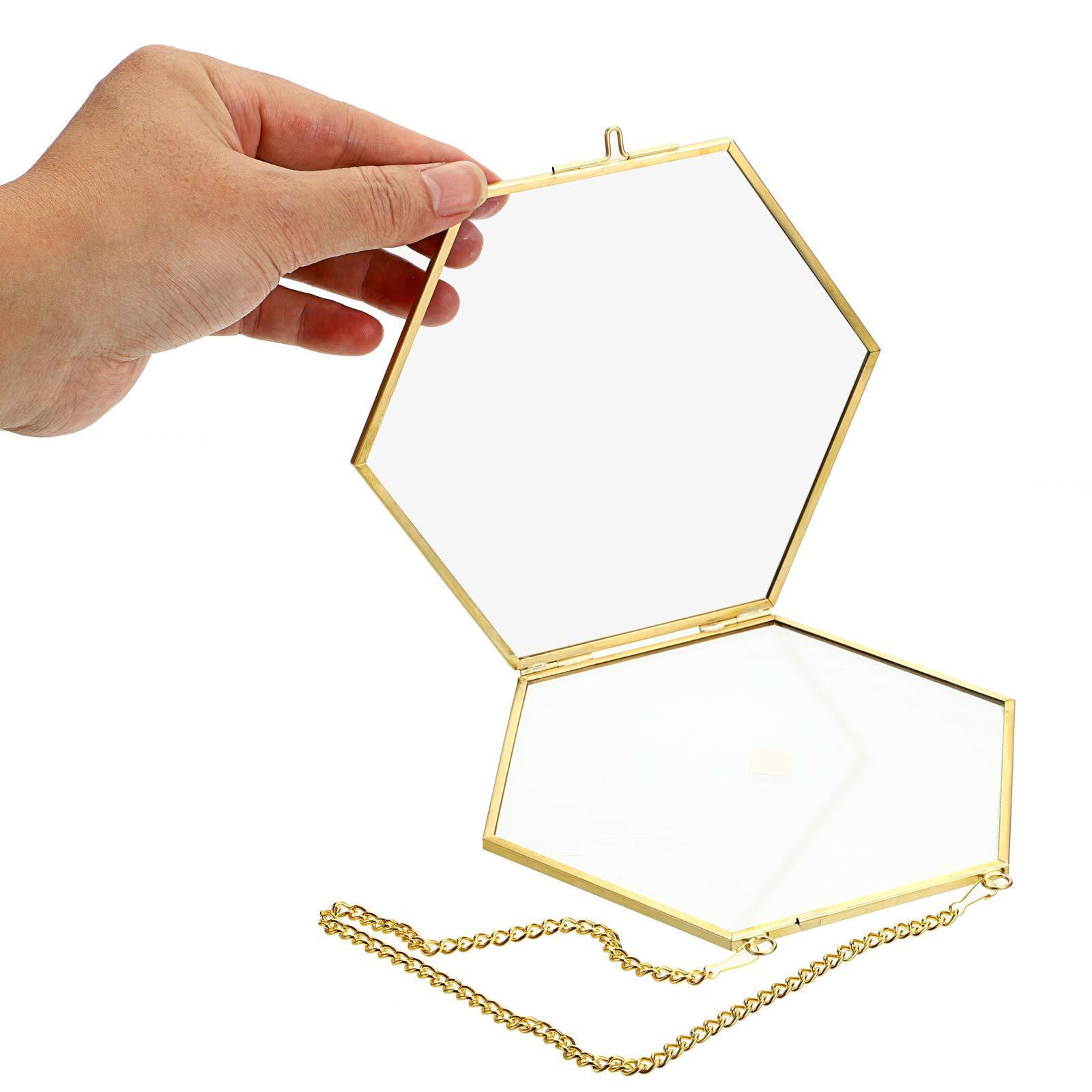 Hexagon Wall Golden Glass Hanging Photo Frame Picture Artwork Display Floating Frame with Chains