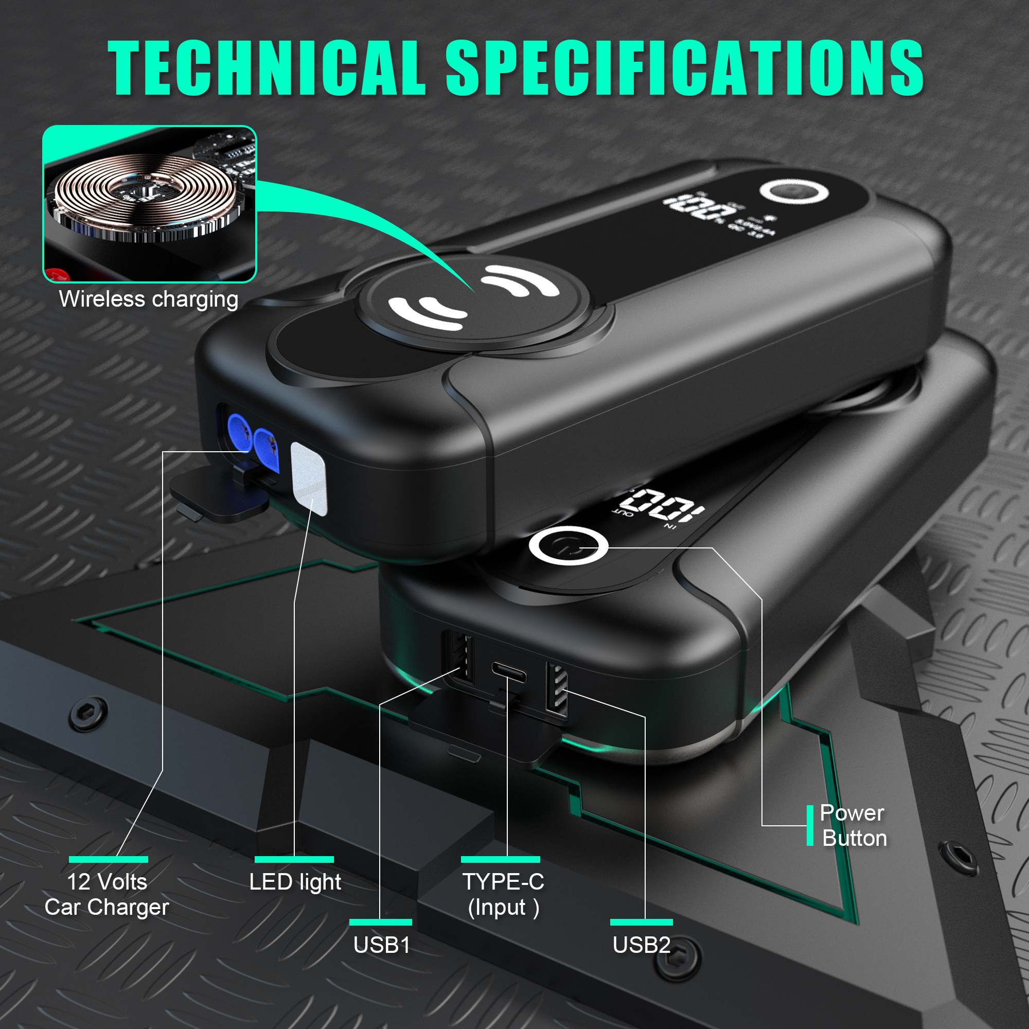 Car Battery Charger Jump Starter with Wireless Charger, 2000 Amp 10000mAh Auto Booster for Up to 8.5L Gas or 6L Diesel Engine