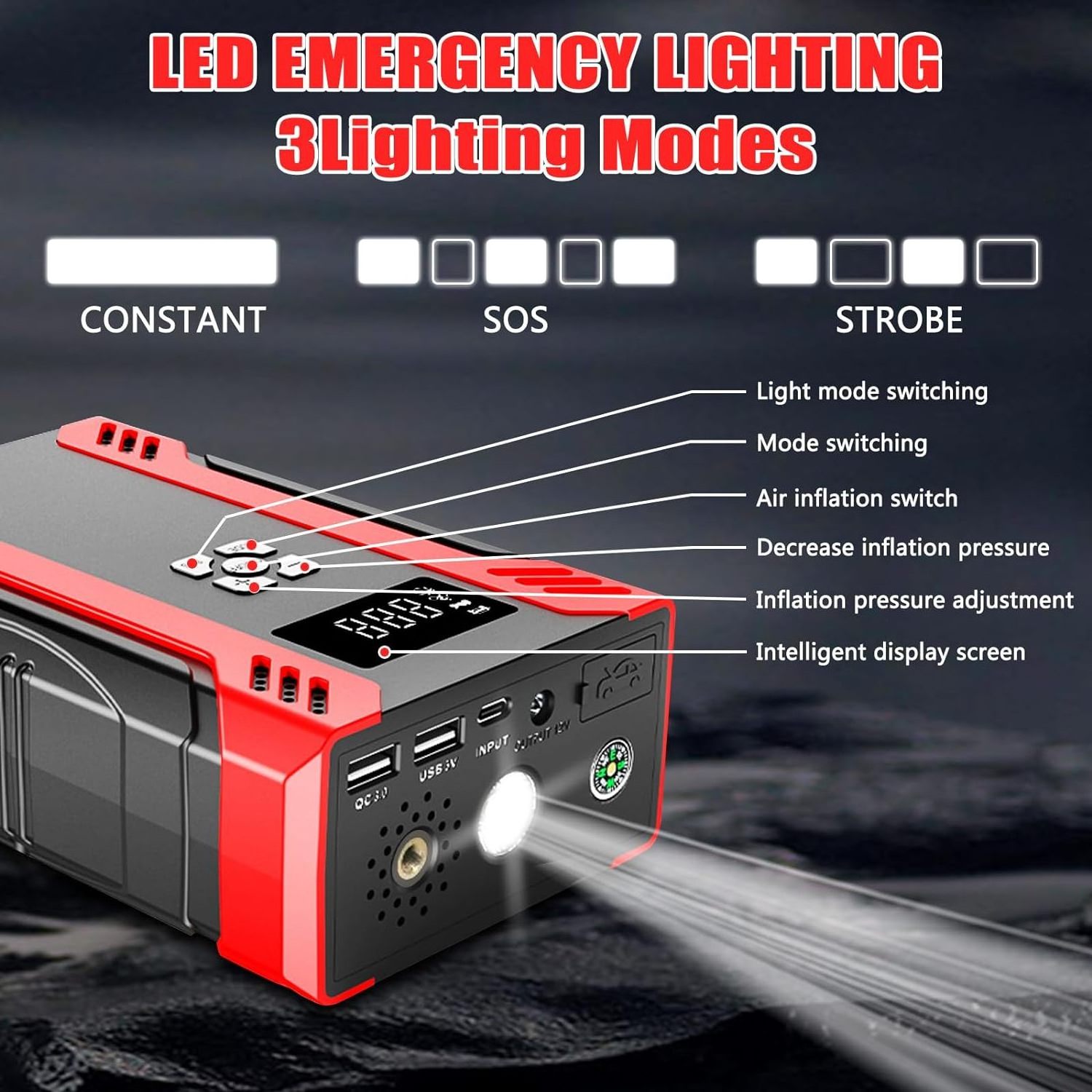 Hot sale car battery jump starter 1000a peak with air compressor, 10000mAh 12v 150psi portable jump start box with tire inflator