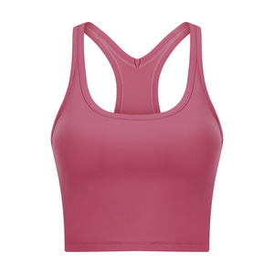 Plus Size Women Comfortable Pink Sport Bra Padded Slim U-neck I-shaped Back Fitness Running Workout Sports Yoga Vest