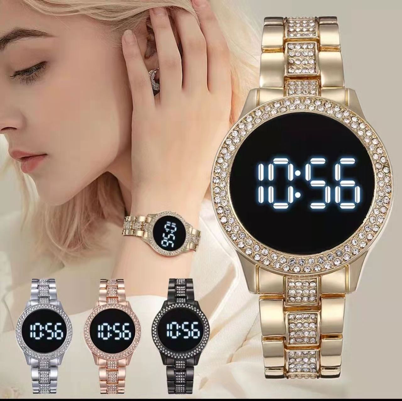 Stainless Steel Luxury Crystal Women Watch Rose Gold Watches For Ladies Diamond Stone LED Digital Watches Wristwatch Female