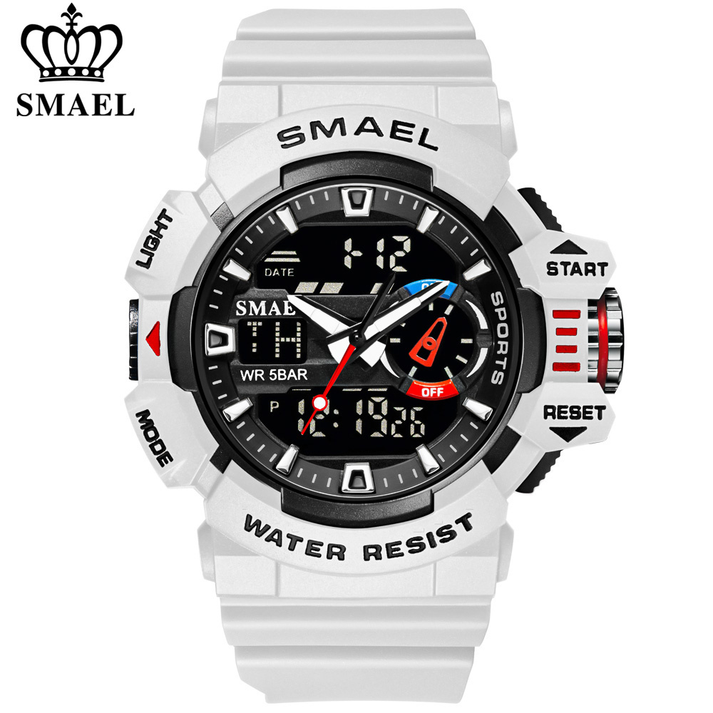 SMAEL Brand Mens sports Wrist watches White Waterproof reloj Digital 8043 Dual Time Display Sports Watch Men