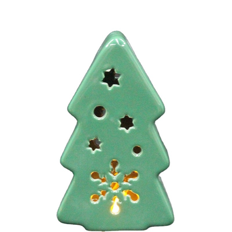 Amazon's best-selling Christmas home decoration green pine tree hollow Christmas ceramic candle holder supplies and accessories