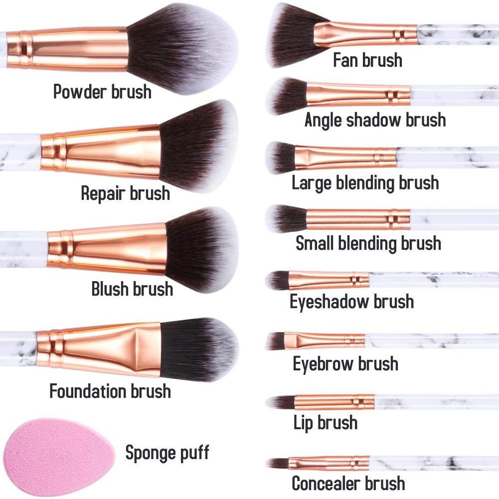 12Pcs Marble Make Up Brushes Set with Foundation Eyeshadow Eyebrow Brush Make Up Sponge Puff