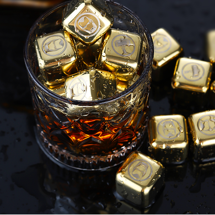 customised logo  package Whiskey Stone	Beverage iced Stone Gift Set  gold stainless steel ice cubes