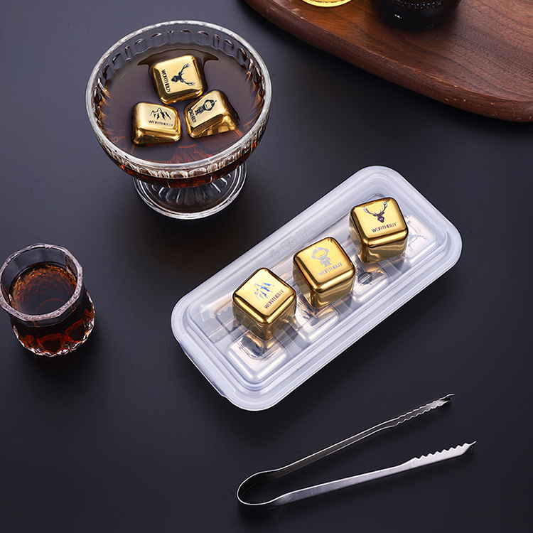 customised logo  package Whiskey Stone	Beverage iced Stone Gift Set  gold stainless steel ice cubes