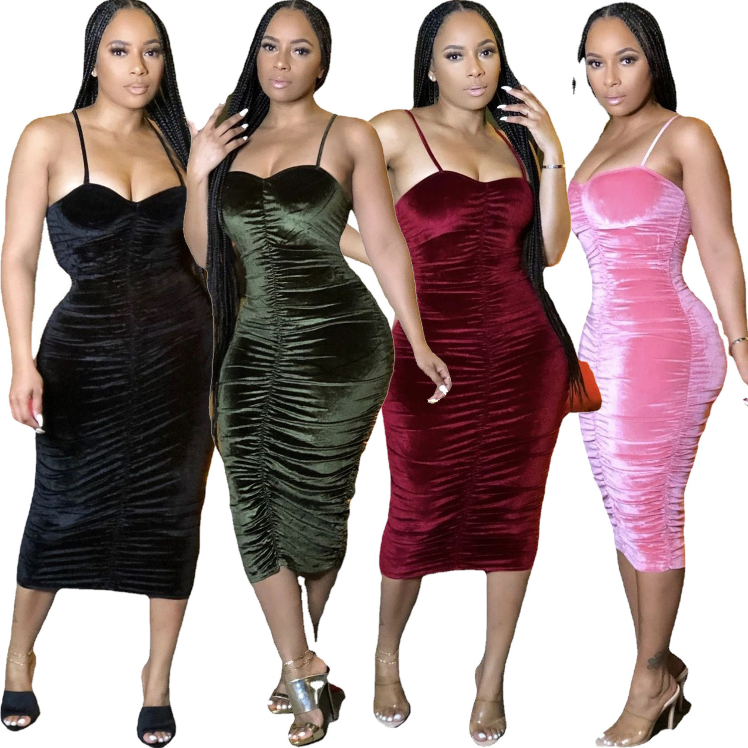 2021 new arrivals elegant velvet dress sexy spaghetti strap ruched  pencil dress for women and ladies club party wear