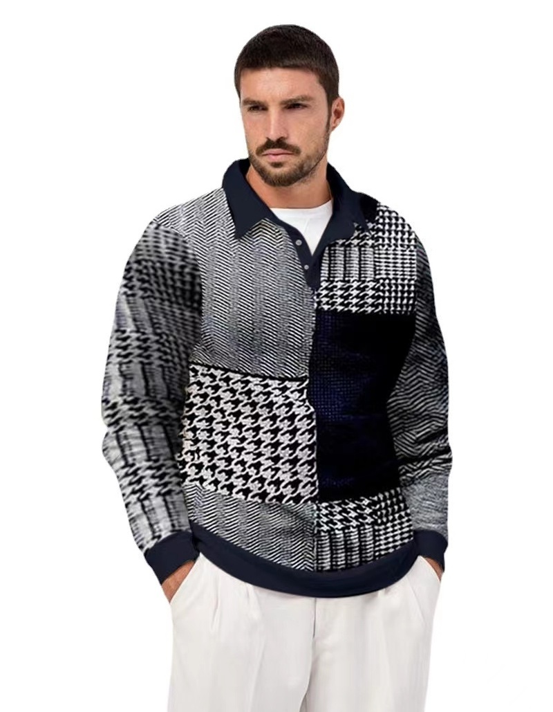 J&H 2022 new design vintage houndstooth patchwork polo shirts fashionable long sleeve men's tops spring clothes