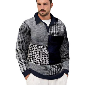 J&H 2022 new design vintage houndstooth patchwork polo shirts fashionable long sleeve men's tops spring clothes