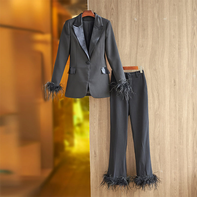 J&H 2023  high quality fall women clothes fashion ostrich feather blazer pants women's suits office blazer mujer ropa de mujer