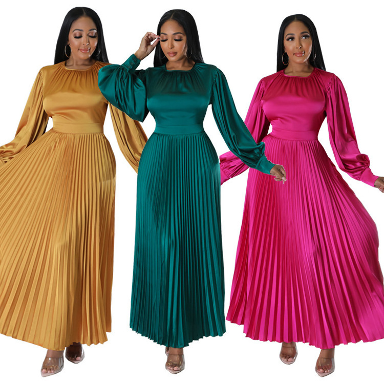 J&H Latest 2024 Spring African Kitenge Dress Designs Solid Silk Long Sleeve Stripe Pleated Loose Long Casual Dress