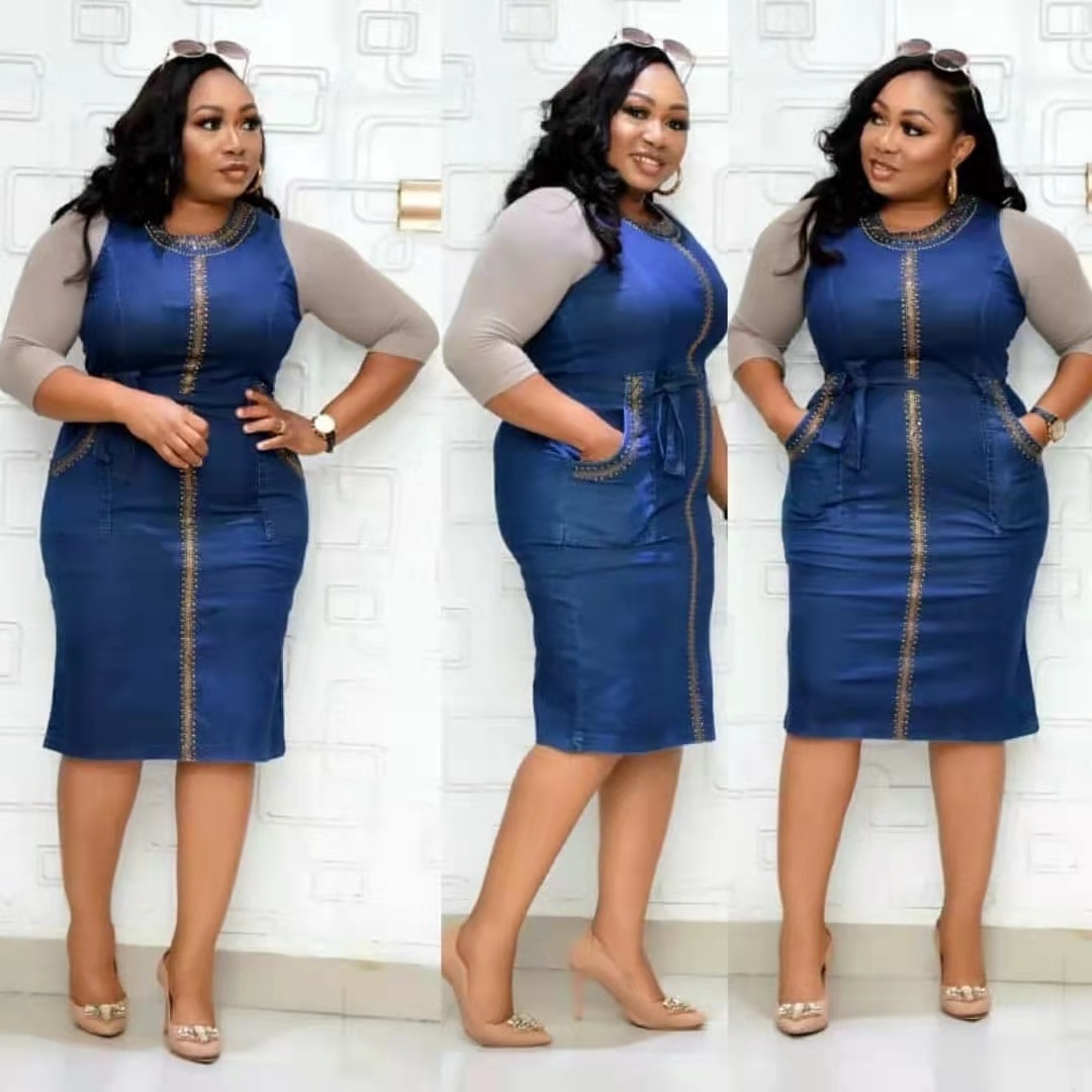 Hot sale 2021 high quality 5XL plus size denim dress women sexy bocycon midi dress slim fit office wear