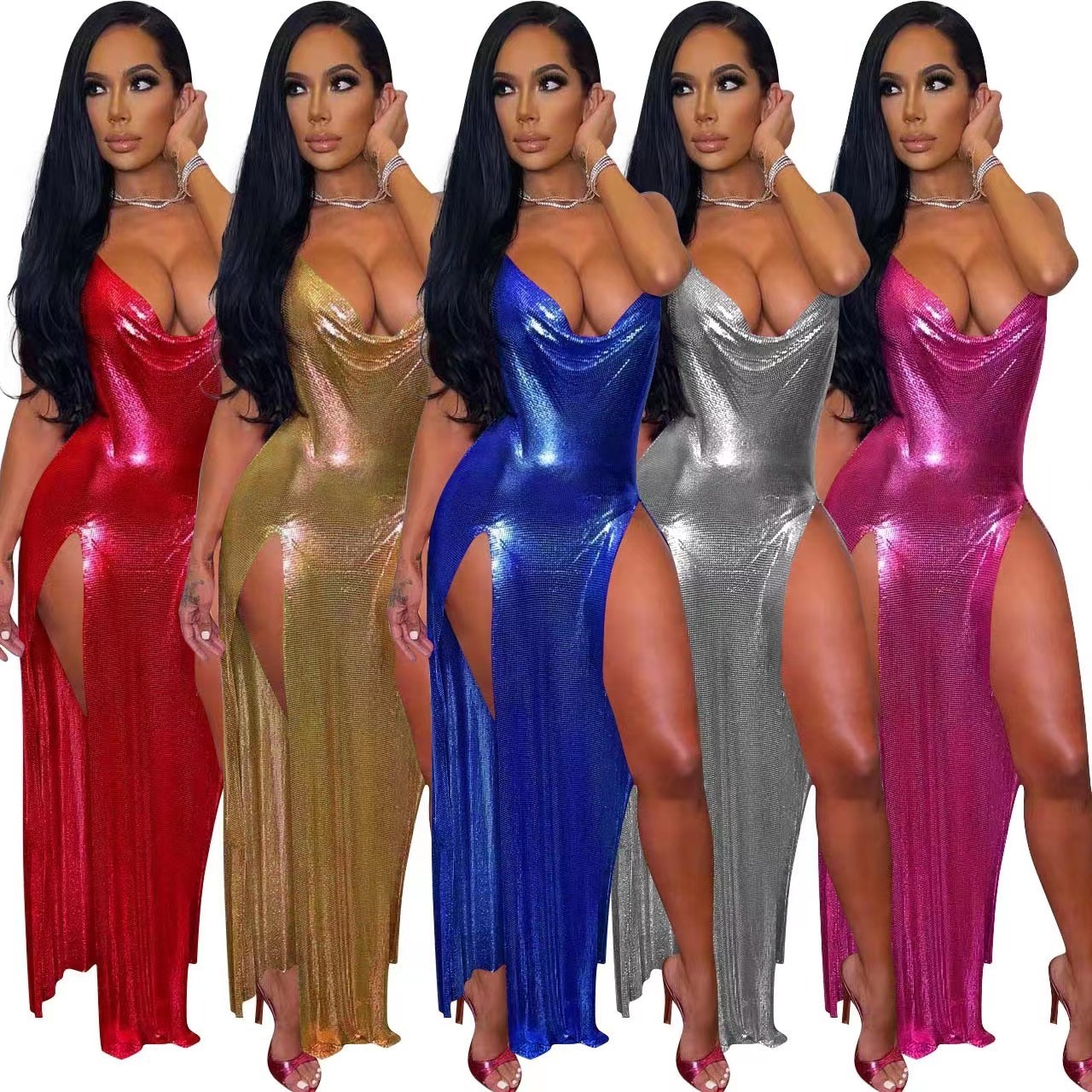 J&H fashion 2022 new design halter dress with double high slit women super sexy Metallic color club evening dresses