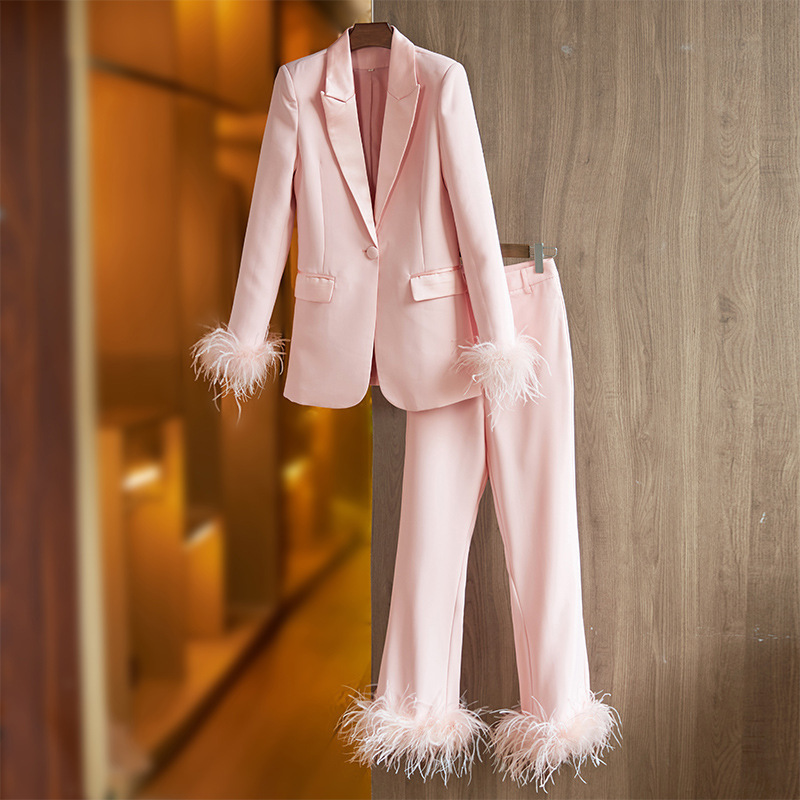 J&H 2023  high quality fall women clothes fashion ostrich feather blazer pants women's suits office blazer mujer ropa de mujer