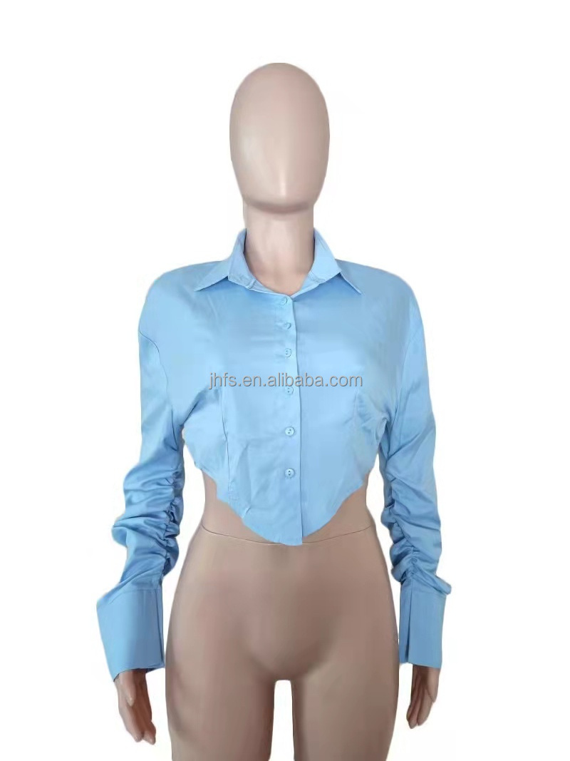 J&H 2022 new design chic ruched sleeve women's blouses & shirts button down crop top fashionable