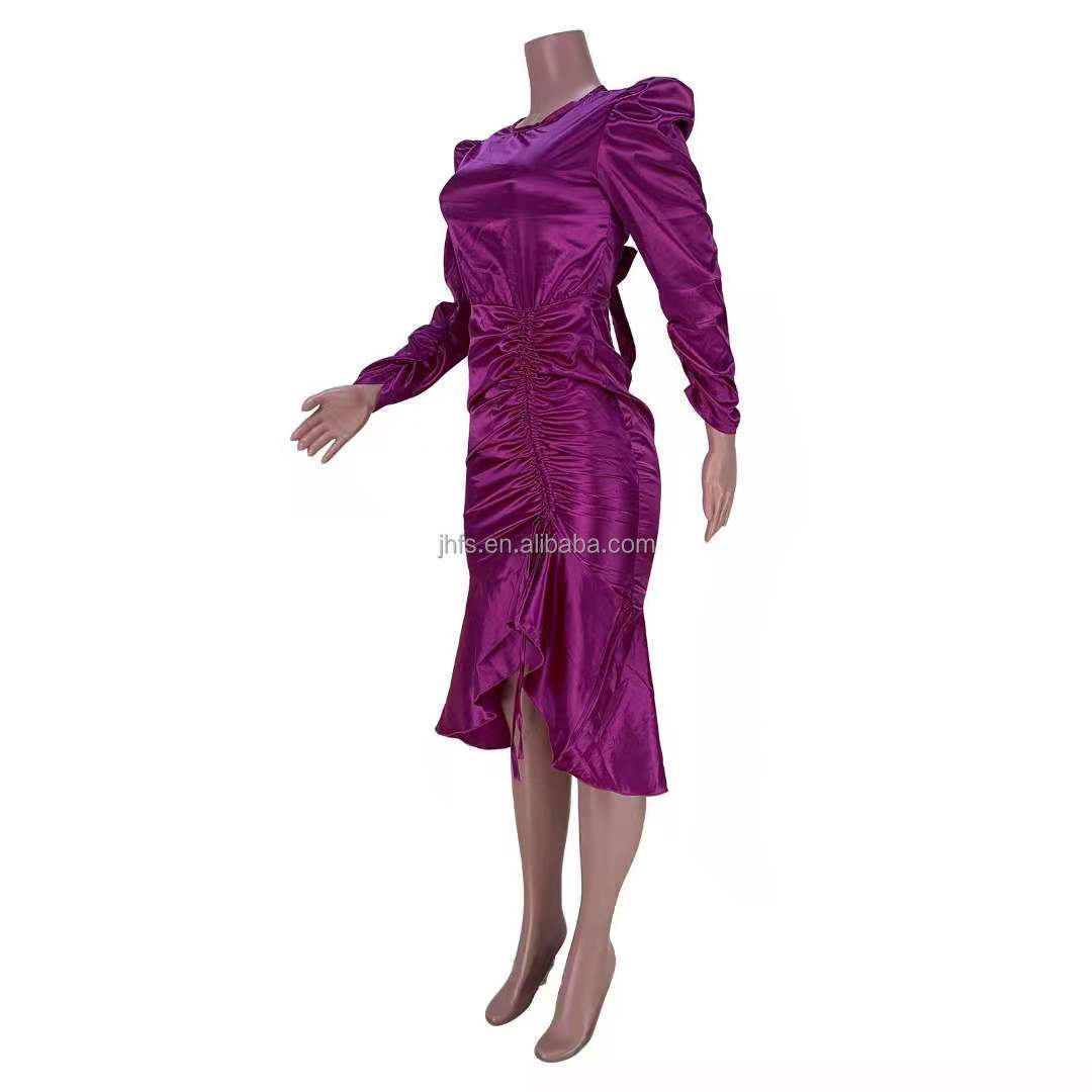 J&H fashion 2022 asymmetric purple satin dress with ruffled deign ladies elegance sexy backless ruched dress evening dresses