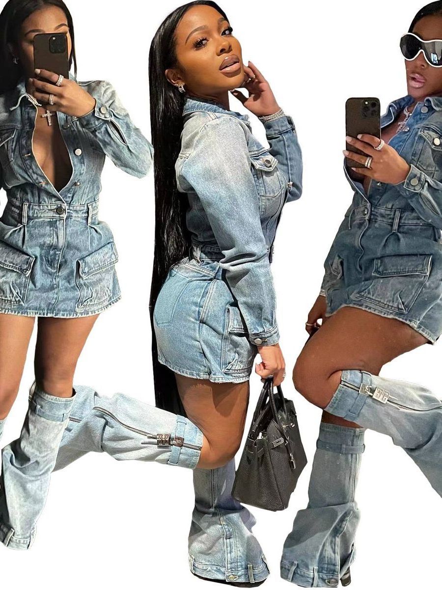 High fashion chic multi pockets jean dress with calf sleeves ladies sexy blue denim vintage dress suits fall 2023 clothes