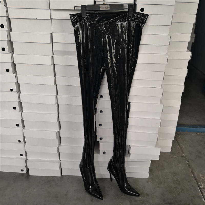 Custom performance wear over the knee stiletto leather thigh high crotch pants boots pointed toe sexy ladies high heels